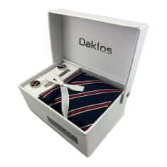 Daklos Luxusní set tmavě modrý a červeno bílé proužky - Kravata, kapesníček do saka, manžetové knoflíčky, kravatová spona