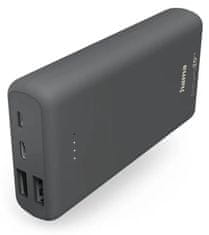 Hama powerbanka Supreme 20HD, 20000 mAh, 3 A, 3 výstupy: 1x USB-C, 2x USB-A, vstup micro USB/USB-C, šedá