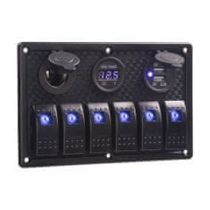 Stualarm Panel s 6x spínači Rocker, voltmetr, CL + USB zásuvka, 12/24V (47159)