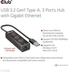 Club 3D rozbočovač, USB-A 3.2 Gen1 - 3x USB 3.1, Gigabit Ethernet