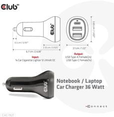 Club 3D autonabíječka pro notebooky 36W, 2xUSB-A, USB-C