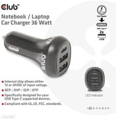 Club 3D autonabíječka pro notebooky 36W, 2xUSB-A, USB-C