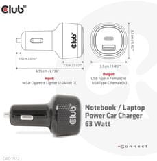 Club 3D autonabíječka pro notebooky 63W, USB-A, USB-C