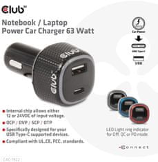 Club 3D autonabíječka pro notebooky 63W, USB-A, USB-C