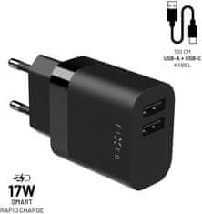 FIXED síťová nabíječka, 2xUSB-A, 17W Smart Rapid Charge, černá + kabel USB-A - USB-C, 1m