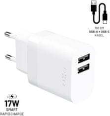 FIXED síťová nabíječka, 2xUSB-A, 17W Smart Rapid Charge, bílá + kabel USB-A - USB-C, 1m