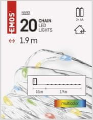 Emos LED vánoční nano řetěz, 1,9 m, 2x AA, vnitřní, multicolor, časovač