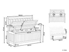 Beliani Zahradní lavice z akátového dřeva s úložným prostorem 120 cm tmavá/krémový polštář SOVANA