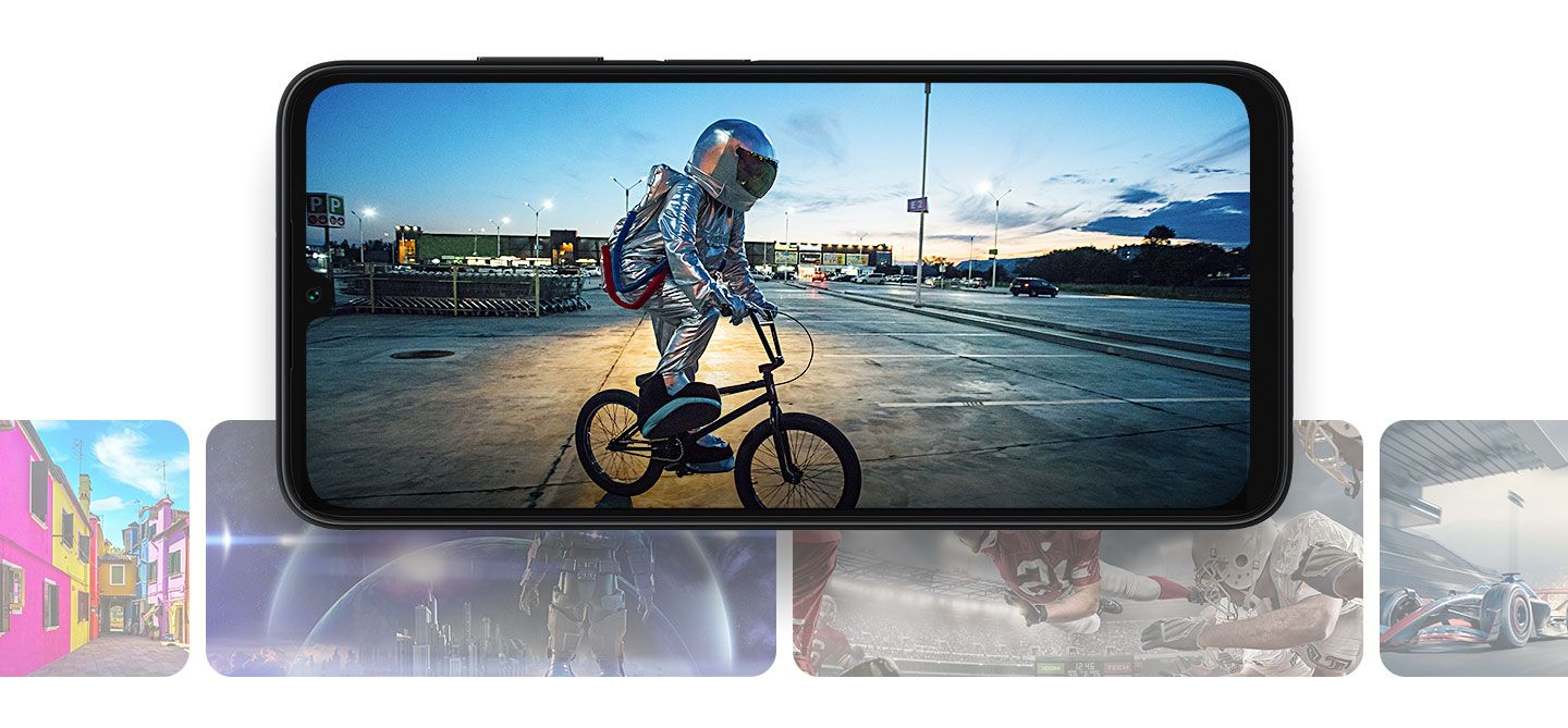 Samsung Galaxy A05s, chytrý telefon, vlajková loď 6,7palcový displej LCD 90Hz obnovovací frekvence stabilizace obrazu tři fotoaparáty LTE připojení 3,5mm jack sluchátkový jack rychlonabíjení boční čtečka otisku prstů