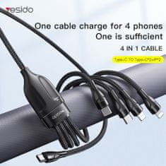 OEM Datový kabel 4v1 Yesido (CA110) - Type-C to 2 x Lightning, 2 x USB-C, 1.2m, 4A - černý