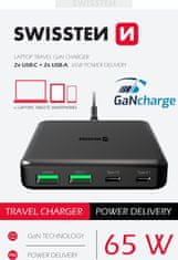 SWISSTEN mini desktop adaptér gan 2x usb-c + 2xusb 65w power delivery černý