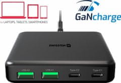 SWISSTEN mini desktop adaptér gan 2x usb-c + 2xusb 65w power delivery černý