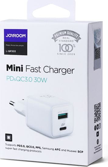 JOYROOM L-QP303 30W Type-C+USB QC3.0 Mini Fast Charger EU Plug White CCC/CE/FCC/ROHS Certified