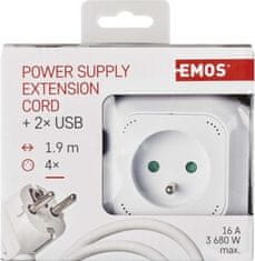 Emos Prodlužovací kabel - kostka 1,9 m / 4 zásuvky / bílý / PVC / s USB / 1 mm2