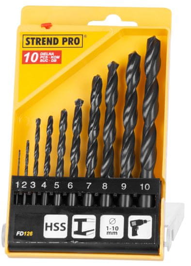 Strend Pro Sada vrtáků FD126, 10 kusů, 1-10 mm, HSS, do kovu