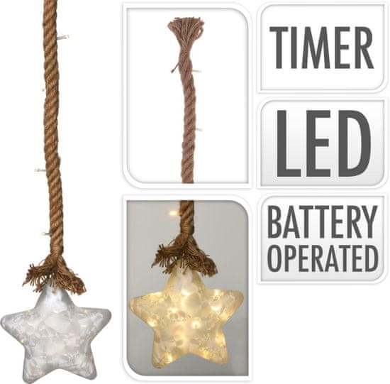STREFA Osvětlení LED HVĚZDA velikost 20cm, na laně 95cm s časovačem, skleněná perleťová