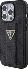 Guess PU Grip Stand 4G Strass Triangle Metal Logo Zadní Kryt pro 15 Pro Black