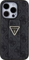 Guess PU Grip Stand 4G Strass Triangle Metal Logo Zadní Kryt pro 15 Pro Black