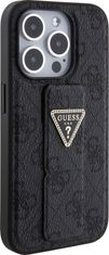 Guess PU Grip Stand 4G Strass Triangle Metal Logo Zadní Kryt pro 15 Pro Black