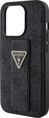 Guess PU Grip Stand 4G Strass Triangle Metal Logo Zadní Kryt pro 15 Pro Black