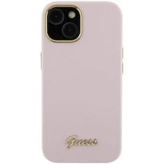 Guess Kryt Kryt iPhone 15 Guess Hardcase Silicone Script Metal Logo & Frame (GUHCP15SSMBSLP) růžový