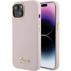 Guess Kryt Kryt iPhone 15 Guess Hardcase Silicone Script Metal Logo & Frame (GUHCP15SSMBSLP) růžový