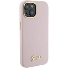 Guess Kryt Kryt iPhone 15 Guess Hardcase Silicone Script Metal Logo & Frame (GUHCP15SSMBSLP) růžový