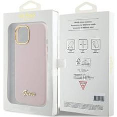 Guess Kryt Kryt iPhone 15 Guess Hardcase Silicone Script Metal Logo & Frame (GUHCP15SSMBSLP) růžový