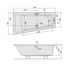 SAPHO ANDRA L SLIM asymetrická vana 170x90x45cm, bílá 81111S - Sapho