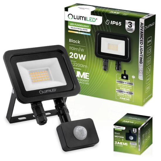 LUMILED Reflektor LED s pohybovým senzorem ZUME 20W 2200lm 4000K IP65