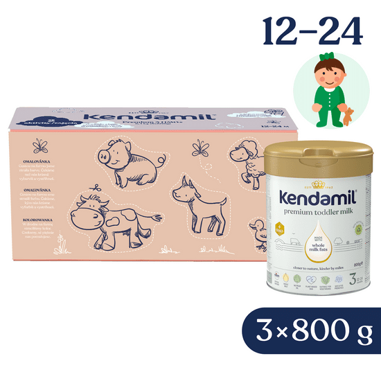 Kendamil Premium 3 HMO+ 2,4 kg (3 × 800 g), kreativní balení s dárkem