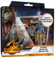 CurePink Papírnícký set Jurassic World Dominion|Jurský svět Nadvláda: T-Rex (blok - propiska - samolepky) (blok 14,8 x 21 cm)