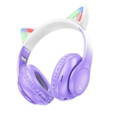 W42 bezdrátové sluchátka s kočičíma ušima, fialové