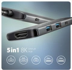 AXAGON multifunkční HUB 5v1 USB 5Gbps hub, 2x USB-A, USB-C, HDMI 8k/30Hz, PD 100W, kabel USB-C 15cm