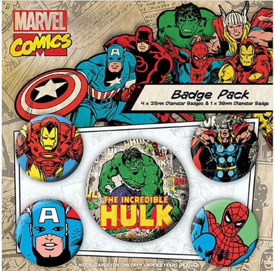 CurePink Set 5 placek - odznaků Marvel: Retro Hulk (průměr 2,5 cm|3,8 cm)