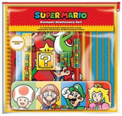CurePink Set 7 kusů školních potřeb Super Mario: Barevný blok (penál, blok A5, pero, pastelky, tužka, pravítko, ořezávátko)
