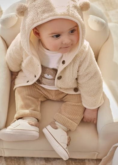 MAYORAL světlý smetanový kabátek pro novorozence z umělé vlny, s podšívkou, kapuckou s oušky Velikost: 2-4m/65