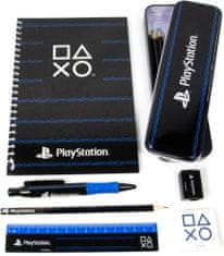 CurePink Set 8 kusů školních potřeb Playstation: Černě pruhované (sešit, pastelky, propiska, pravítko, tužka, guma, ořezavátko, penál)