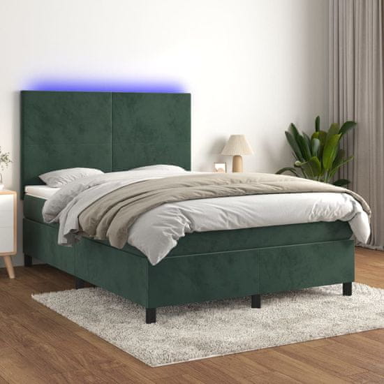 Vidaxl Box spring postel s matrací a LED tmavě zelená 140x200 cm samet