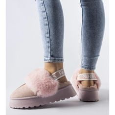 Růžové zateplené pantofle s gumičkou a kožešinou velikost 41
