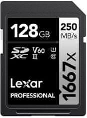 Lexar paměťová karta 128GB Professional 1667x SDXC UHS-II, čtení/zápis: 250/120MB/s, C10 V60 U3