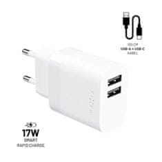 FIXED Set síťové nabíječky s 2xUSB výstupem a USB/USB-C kabelem, 1 metr, 17W Smart Rapid Charge, bílá