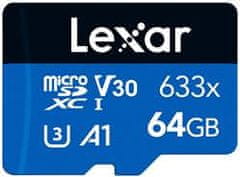 Lexar paměťová karta 64GB High-Performance 633x microSDXC UHS-I, (čtení/zápis:100/45MB/s) C10 A1 V30 U3