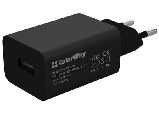 ColorWay 1x USB/ síťová nabíječka/ 10W/ 100V-240V/ Černá + kabel USB-C 1m