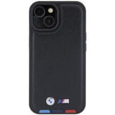 Bmw hard kožený obal iPhone 15 6.1" Black Leather Stamp Tricolor