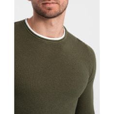 OMBRE Pánský bavlněný svetr s kulatým výstřihem V7 OM-SWSW-0103 tmavě olivový MDN124230 L