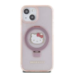 HELLO KITTY obal na iPhone 15 6.1" Pink IML Ringstand Glitter Head Logo MagSafe