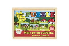 Teddies Puzzle dřevěné Moje první zvířátka 4x12 dílků 20x14x3,5cm v dřevěné krabičce 24m+ MPZ