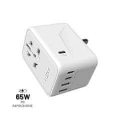 FIXED Cestovní adaptér Voyager 65 W pro EU, UK a USA/AUS, s 3xUSB-C a 2xUSB výstupem, GaN, PD 65W, bílý