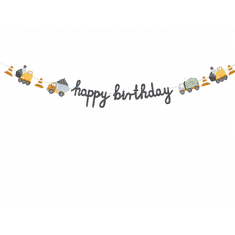 PartyDeco Banner Happy Birthday, stavební stroje, 2m